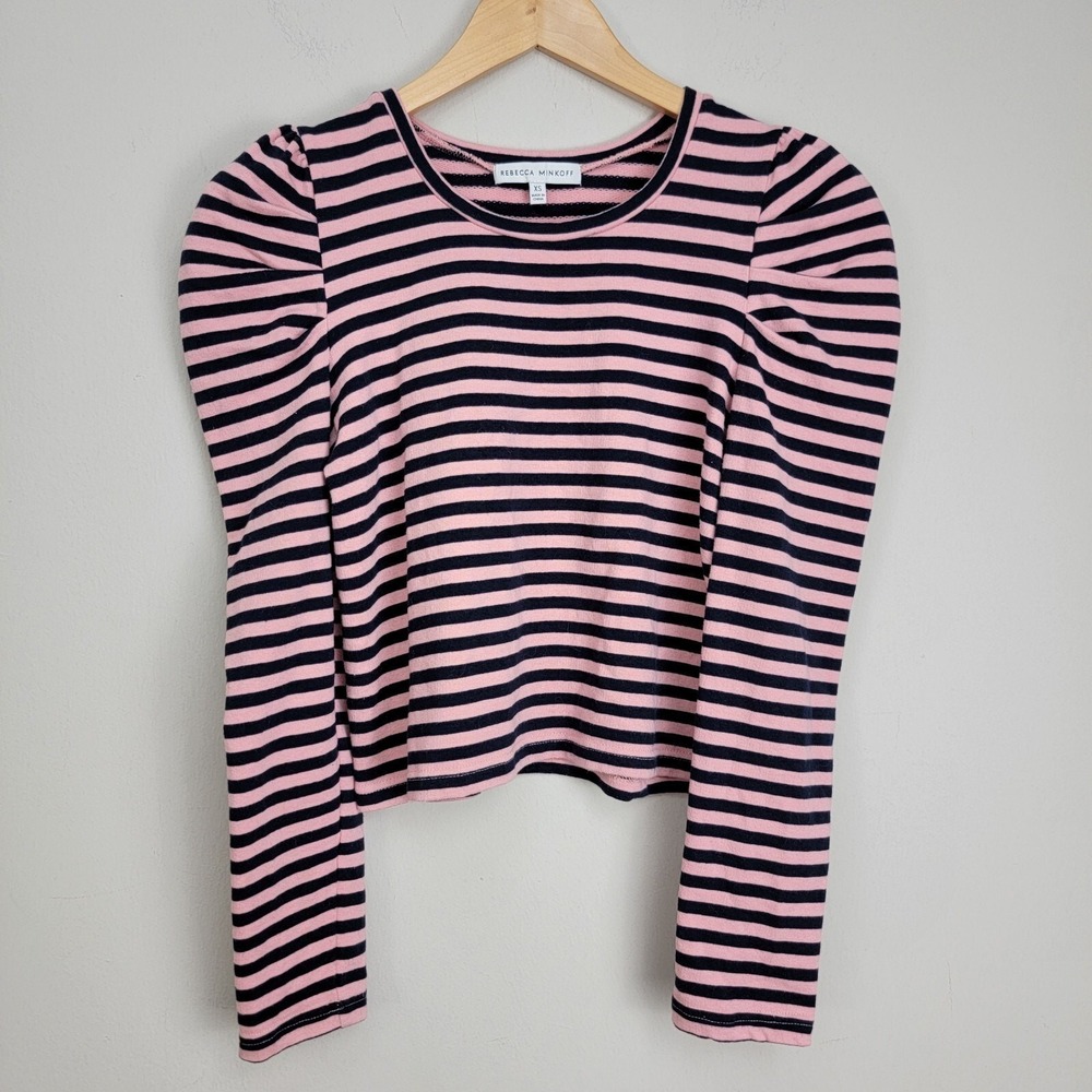 Rebecca Minkoff Talia Cropped Top Long Sleeve Pink/Black Striped Size XS
